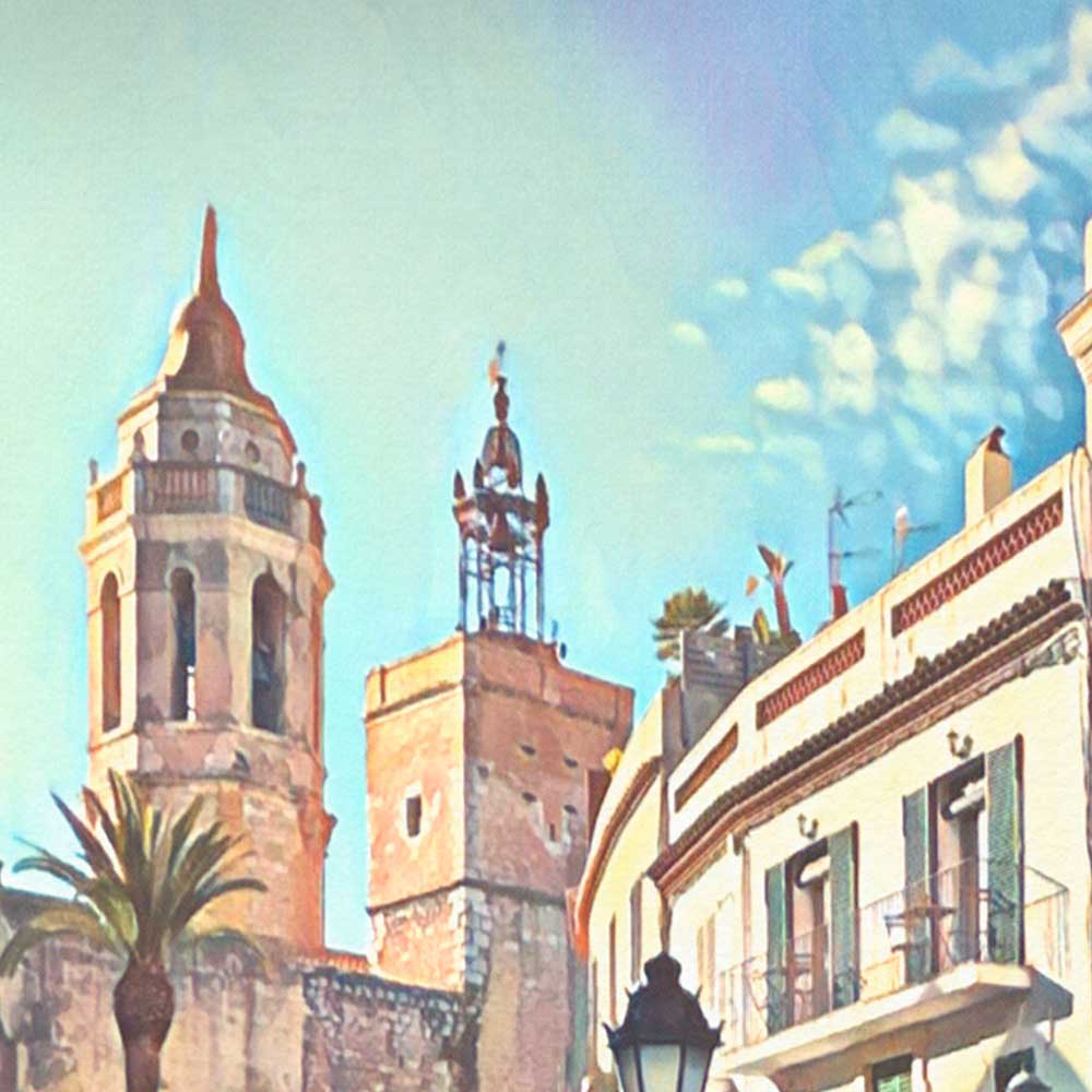 Close-up of the townhall square with Santa Tecla in the background in Alecse's Sitges Travel Poster Showcasing Soft Focus Artistic Style