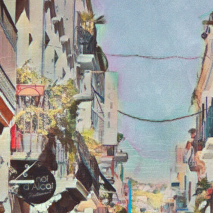 Close-up of Alecse’s Sant Bartomeu Sitges poster showing shop signs, balconies, and textures of the Mediterranean street.
