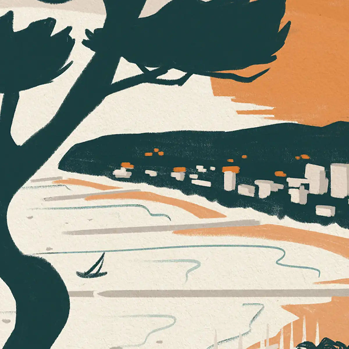 Closeup view of the Sitges Bay poster showing halftone texture and bold silhouette of tree and coastline in retro Spanish style