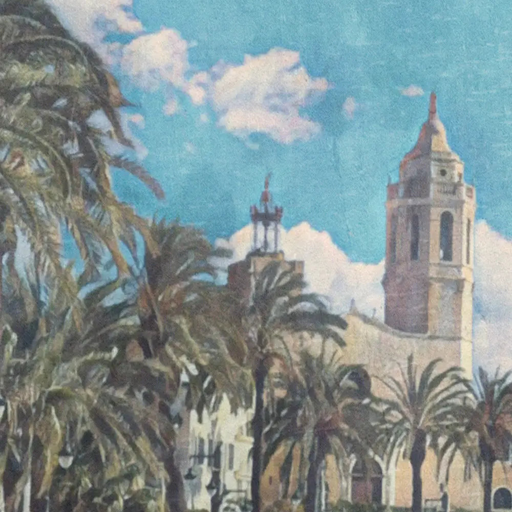 Close-up detail of Bears Week 25 Sitges poster featuring Sant Bartomeu church, Mediterranean palm trees and vintage halftone rendering