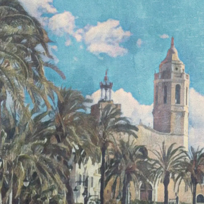 Close-up detail of Bears Week 25 Sitges poster featuring Sant Bartomeu church, Mediterranean palm trees and vintage halftone rendering