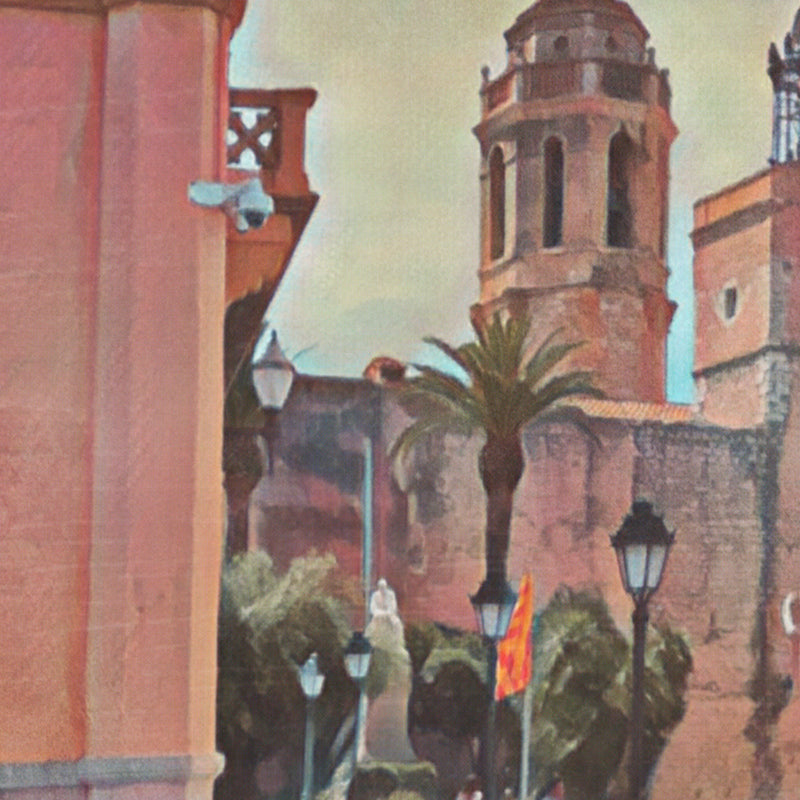 Detail view of balconies, awnings and architectural textures from the Sitges Café poster by Alecse.