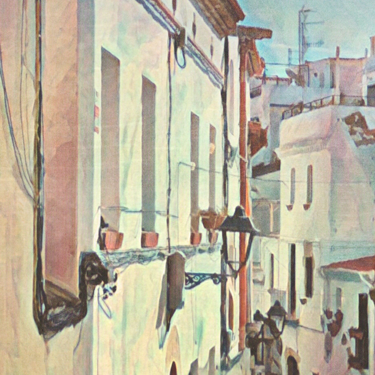 Close-up of Alecse’s Carrer Major Sitges poster showing sunlit white façades and wrought-iron lamps in halftone texture.
