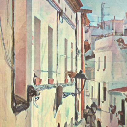 Close-up of Alecse’s Carrer Major Sitges poster showing sunlit white façades and wrought-iron lamps in halftone texture.
