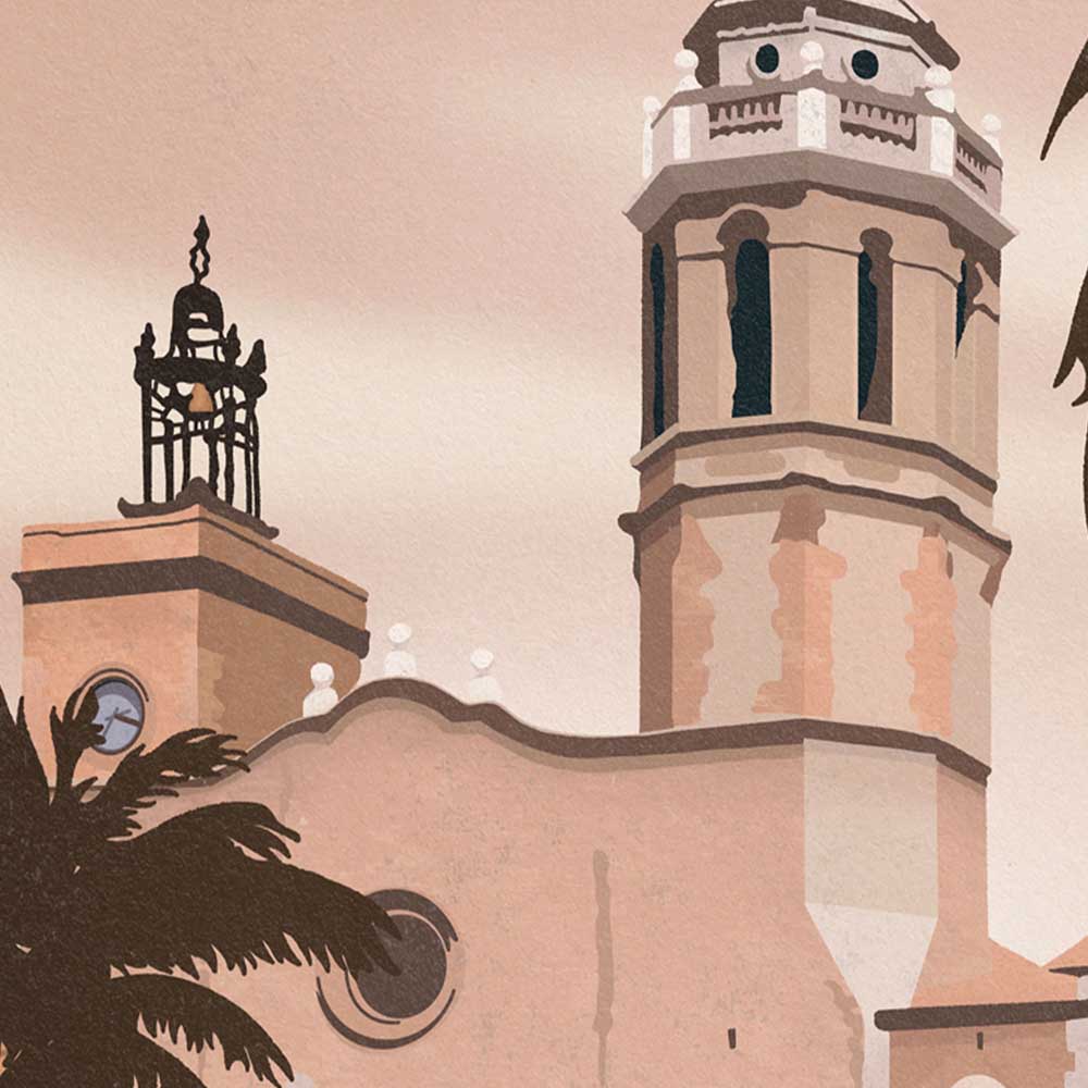 Close-up of Sitges Rose vintage wall art print, showcasing fine details and soft pink color palette inspired by Sitges, Spain