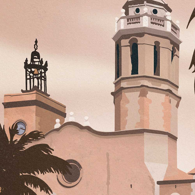 Close-up of Sitges Rose vintage wall art print, showcasing fine details and soft pink color palette inspired by Sitges, Spain