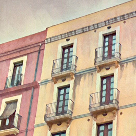 Close-up of Alecse’s Tarragona La Font poster highlighting pastel architectural details and halftone texture.