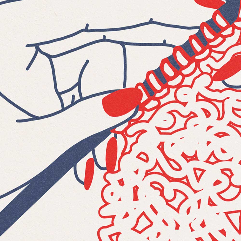 Detailed shot of the knitting process on the ‘Ramen Knitting’ art print, emphasizing the minimalist yet striking red and blue design, inspired by South Asian Pop art from the 60s and 70s