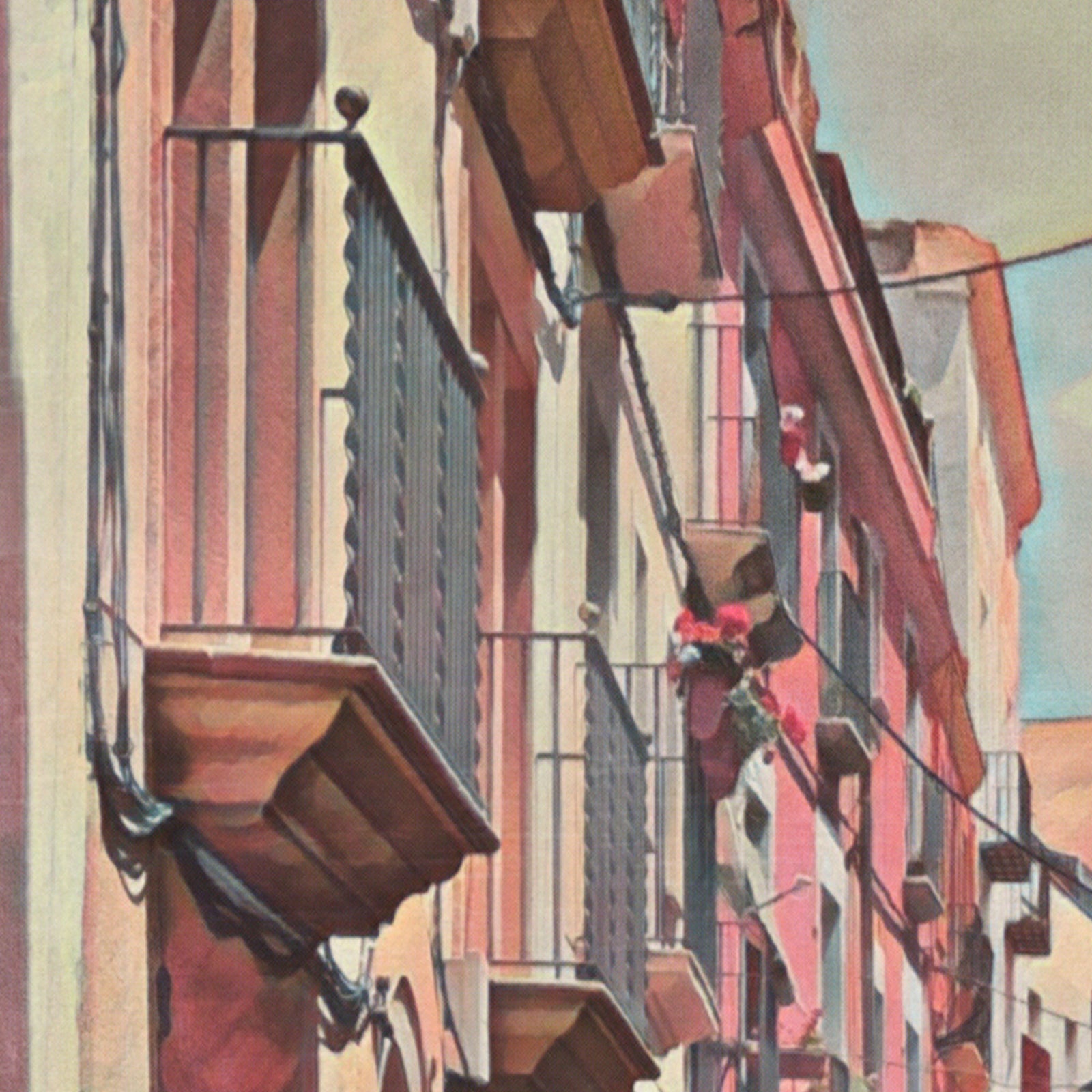 Detail of balconies and pastel walls from the Vilanova Major travel poster, showing Mediterranean colours and fine-art texture.