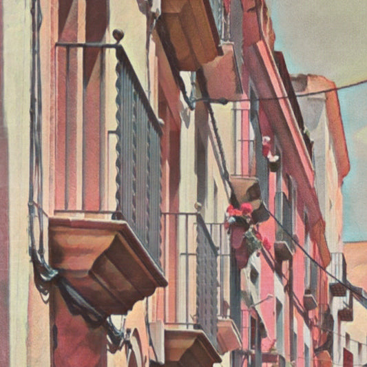 Detail of balconies and pastel walls from the Vilanova Major travel poster, showing Mediterranean colours and fine-art texture.