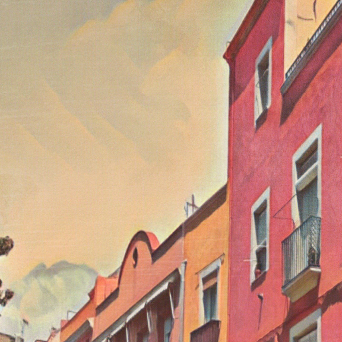 Magnified section of the Vilanova Plaça Llarga poster showing the halftone colour pattern and retro print texture.