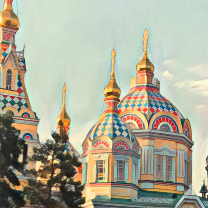 Detail of Zenkov Cathedral domes with colorful geometric patterns, vintage travel poster style