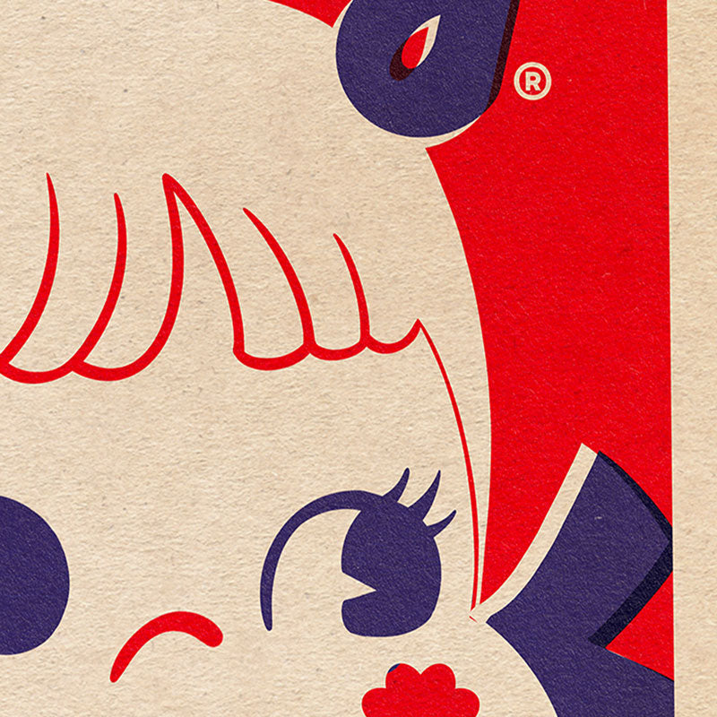 Detail of Milky Girl's face with rosy cheeks and bright eyes on a vintage Japanese Pop Art poster