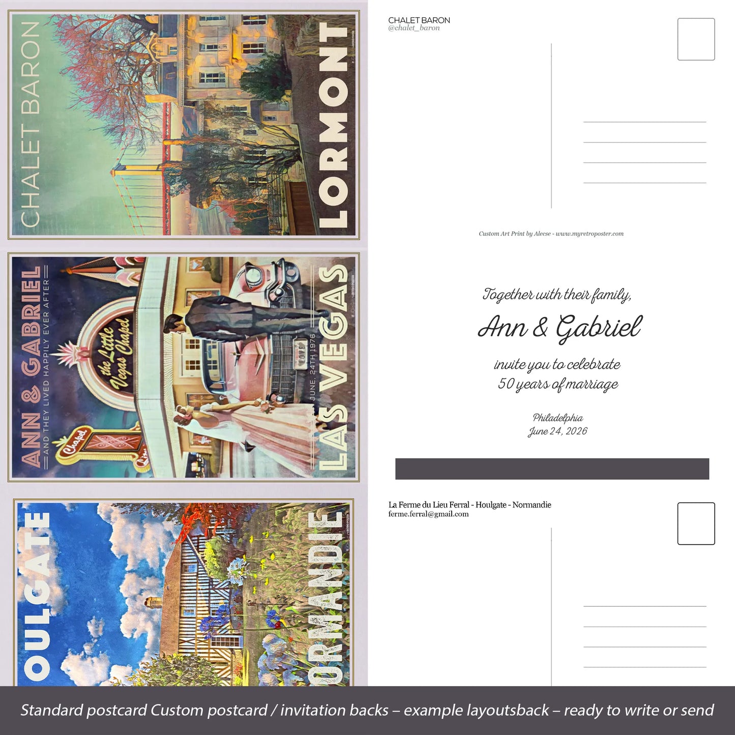 Examples of custom postcard and invitation backs with fully personalized text layouts (wedding anniversary, guesthouse, venue)