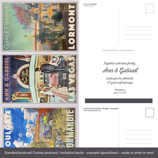 Examples of custom postcard and invitation backs with fully personalized text layouts (wedding anniversary, guesthouse, venue)