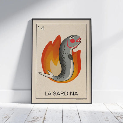 La Sardina Loteria poster featuring a stylized sardine surrounded by flames in retro Mediterranean colors limited edition print by Cha