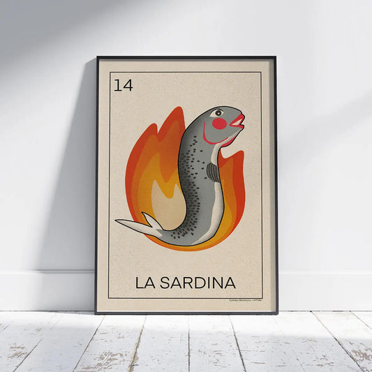 La Sardina Loteria poster featuring a stylized sardine surrounded by flames in retro Mediterranean colors limited edition print by Cha
