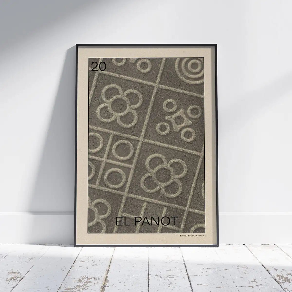 El Panot Barcelona poster by Cha featuring iconic Barcelona pavement tile patterns in a black frame