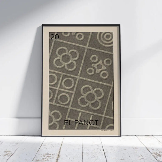 El Panot Barcelona poster by Cha featuring iconic Barcelona pavement tile patterns in a black frame