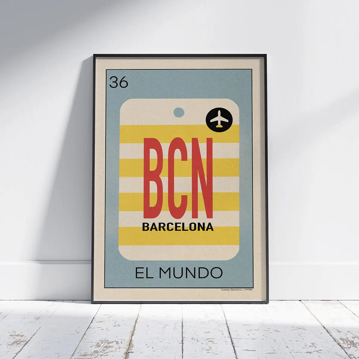 El Mundo Barcelona Loteria poster featuring a retro BCN airport luggage tag illustration limited edition travel art print by Cha