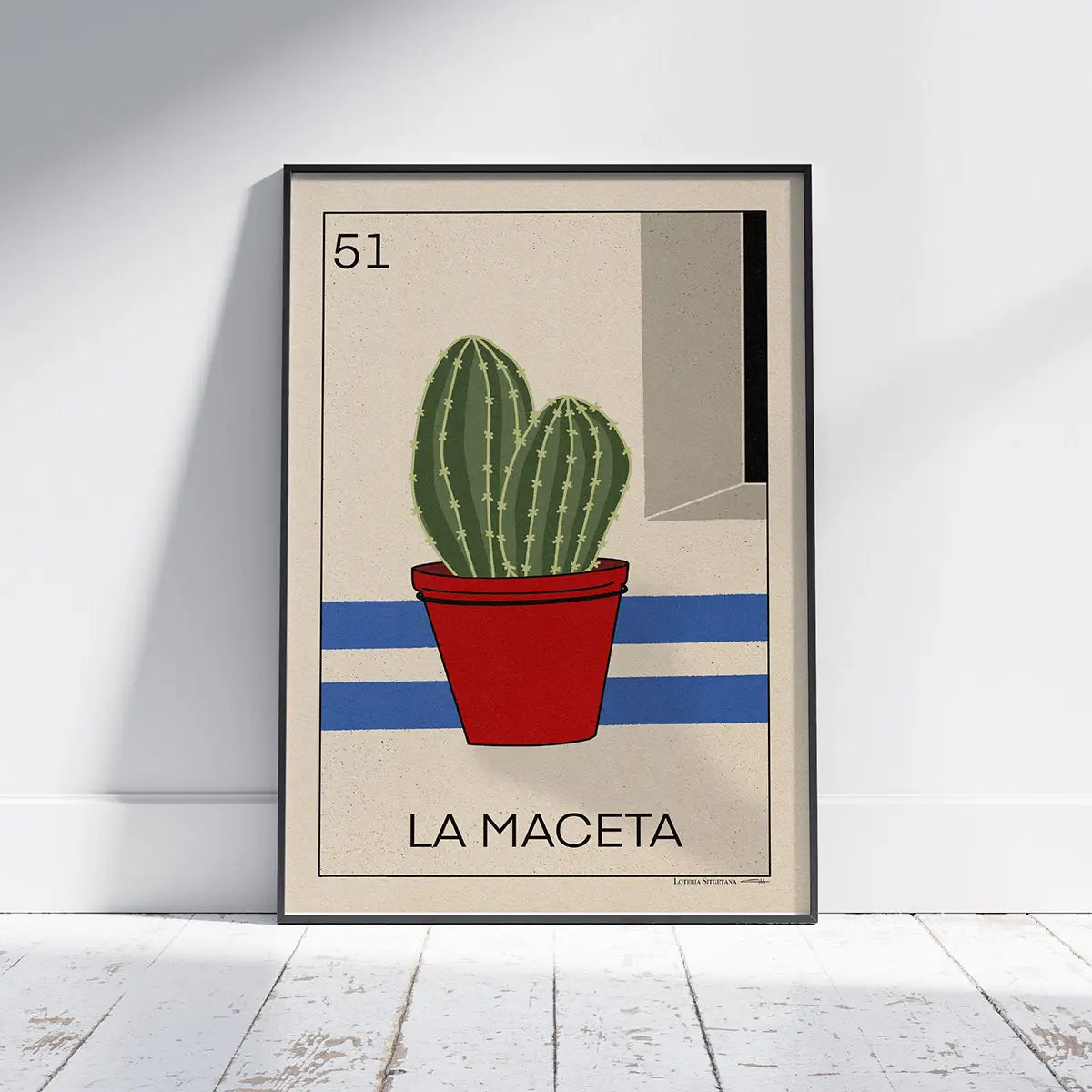 La Maceta Loteria poster featuring a green cactus in a red flower pot against Mediterranean blue stripes limited edition art print by Cha