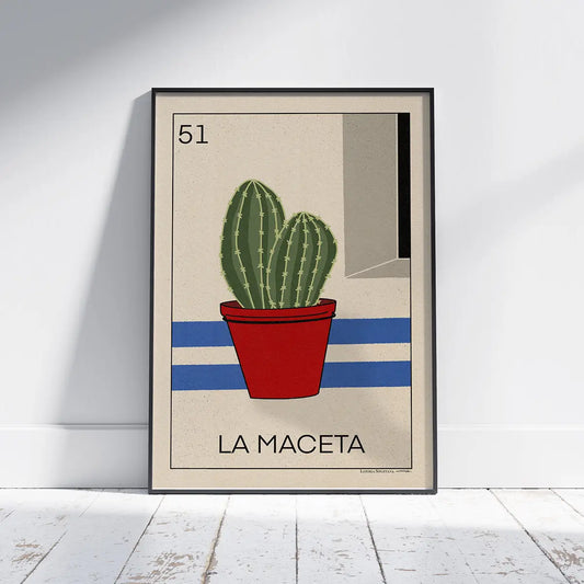 La Maceta Loteria poster featuring a green cactus in a red flower pot against Mediterranean blue stripes limited edition art print by Cha