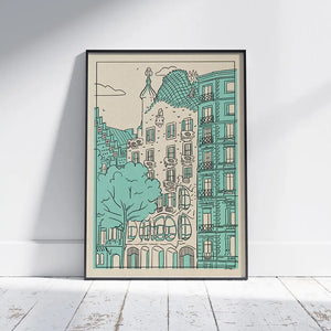 Framed Casa Batlló Barcelona poster – limited edition of 300 prints, retro travel wall art by Cha