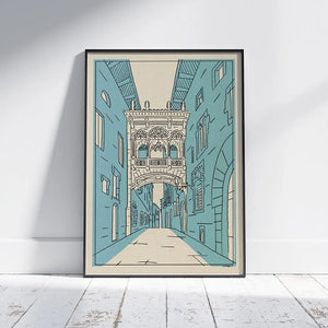 Framed Bisbe Bridge Barcelona poster – limited edition of 300 prints, retro travel wall art by Cha