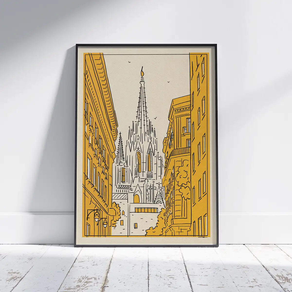 Barcelona Cathedral limited edition poster by Cha, framed in black with a retro-inspired view of the Gothic Quarter.