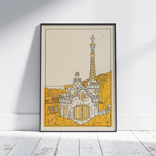 Barcelona Park Güell City Lines poster minimalist illustration of Gaudí architecture in Barcelona Spain limited edition art print by Cha