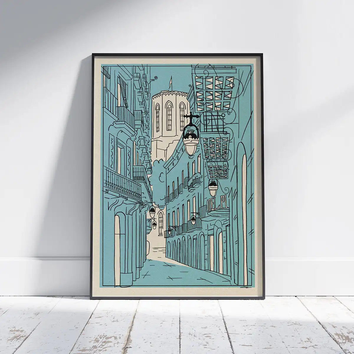 Santa Maria del Pi Barcelona limited edition poster by Cha, framed in black with a turquoise architectural illustration.