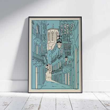 Santa Maria del Pi Barcelona limited edition poster by Cha, framed in black with a turquoise architectural illustration.