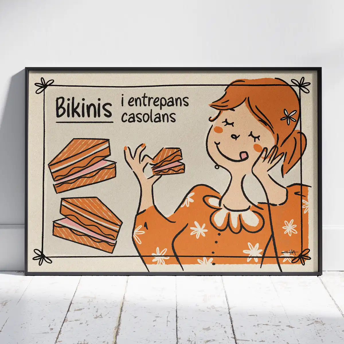 Bikinis i Entrepans Casolans Barcelona food poster by Cha, framed in black with a vintage-inspired illustration of the iconic local sandwich.
