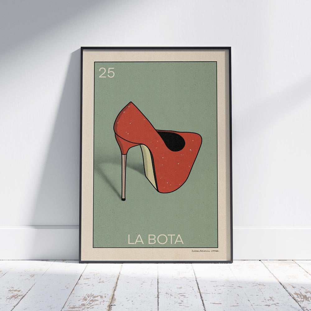 La Bota Lotería poster by Cha, a fashion-inspired art print featuring a red stiletto, blending Mexican Lotería aesthetics with modern glamour.