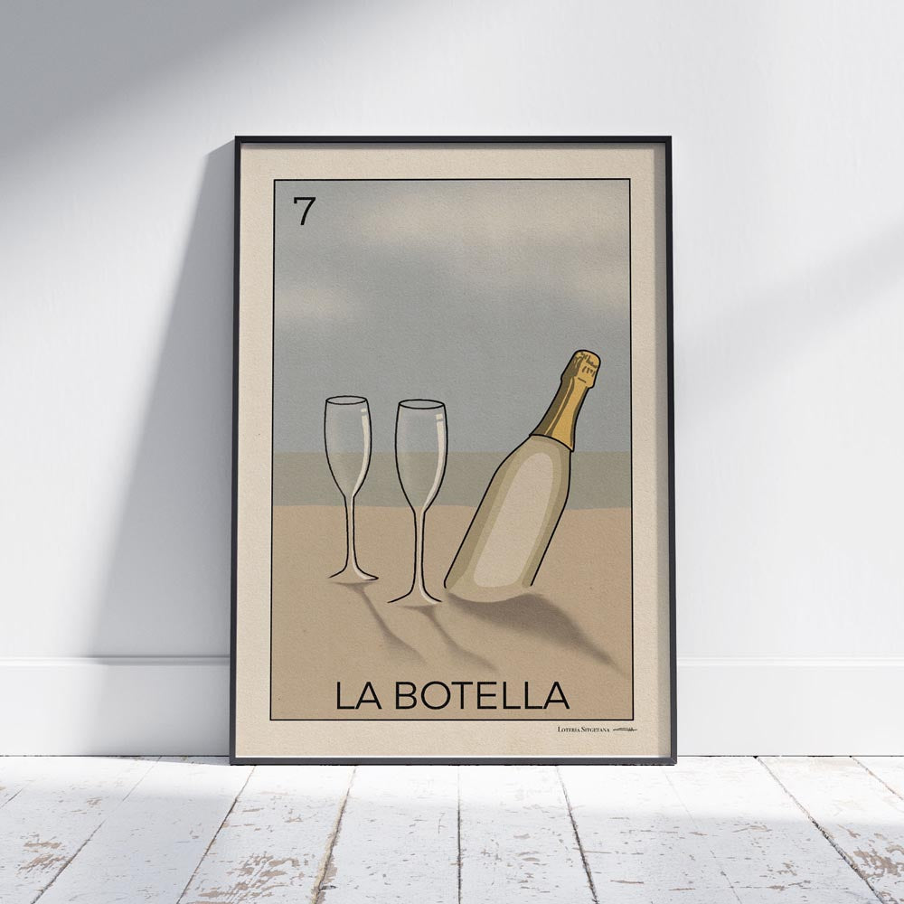 La Botella Lotería poster by Cha, a cava-themed art print inspired by Mexican Lotería, featuring two glasses and a bottle on a Sitges beach.