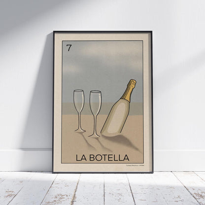 La Botella Lotería poster by Cha, a cava-themed art print inspired by Mexican Lotería, featuring two glasses and a bottle on a Sitges beach.