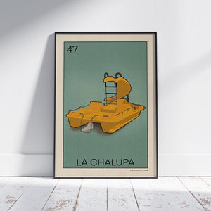 La Chalupa Lotería poster by Cha, a Sitges pedal boat-themed art print inspired by Mexican Lotería, featuring a classic yellow watercraft with a slide.