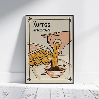     Xurros amb Xocolata limited edition food poster by Cha, framed in black with a playful illustration of churros dipped in hot chocolate.
