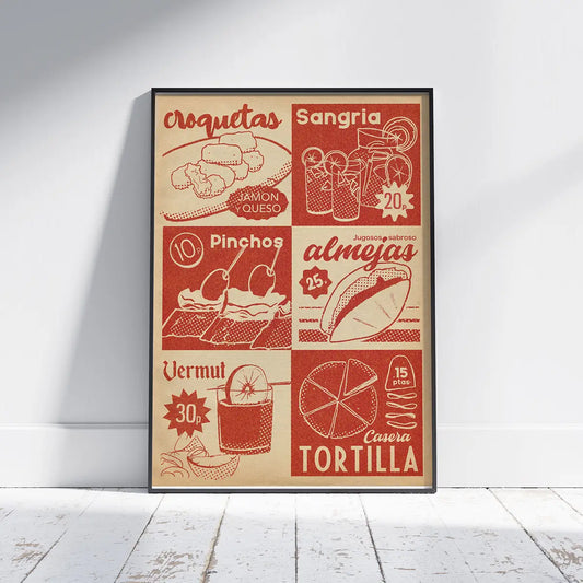 Spanish tapas menu poster by Cha showing illustrated croquetas, sangria, pinchos, almejas and tortilla in vintage Spanish bar menu style, limited edition print