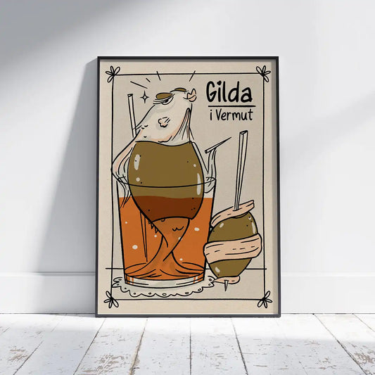 Gilda i Vermut limited edition poster by Cha, framed in black and featuring a playful Spanish aperitivo illustration.