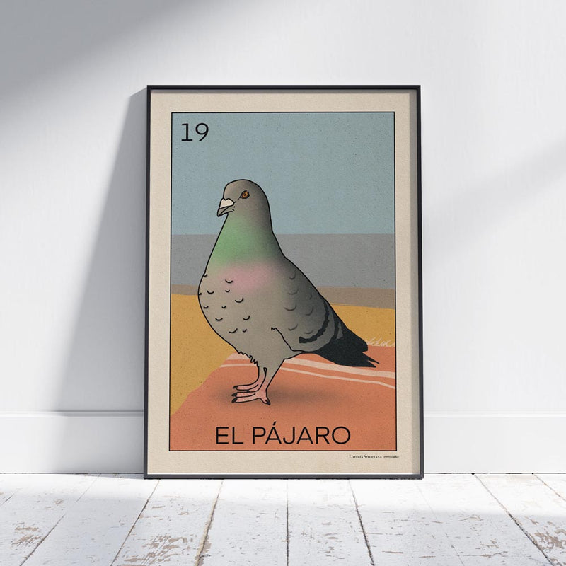 El Pájaro poster displayed in a stylish wooden frame, emphasizing its soft pastel hues and vintage charm—ideal for modern, artistic interiors.

