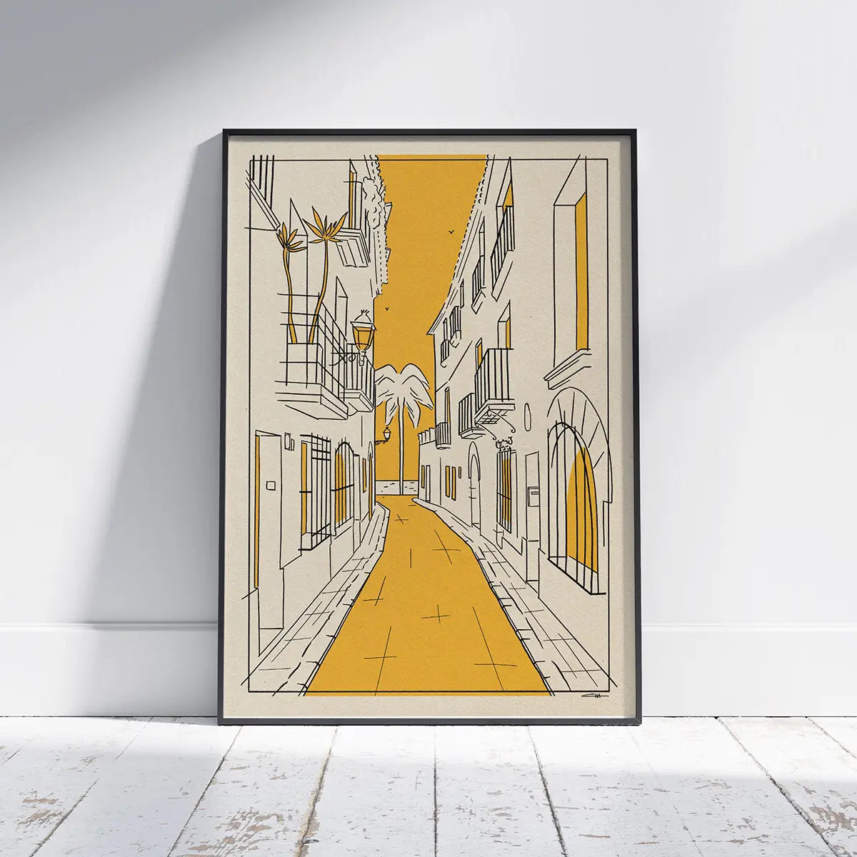 Carrer de la Carreta Sitges poster featuring a minimalist view of one of Sitges’ historic Mediterranean streets in warm golden tones limited edition City Lines print by Cha