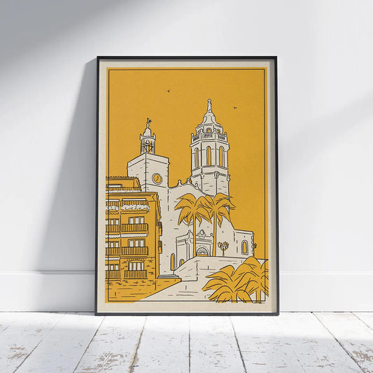Sitges Church City Lines poster minimalist illustration of Sant Bartomeu church in Sitges Spain limited edition art print by Cha