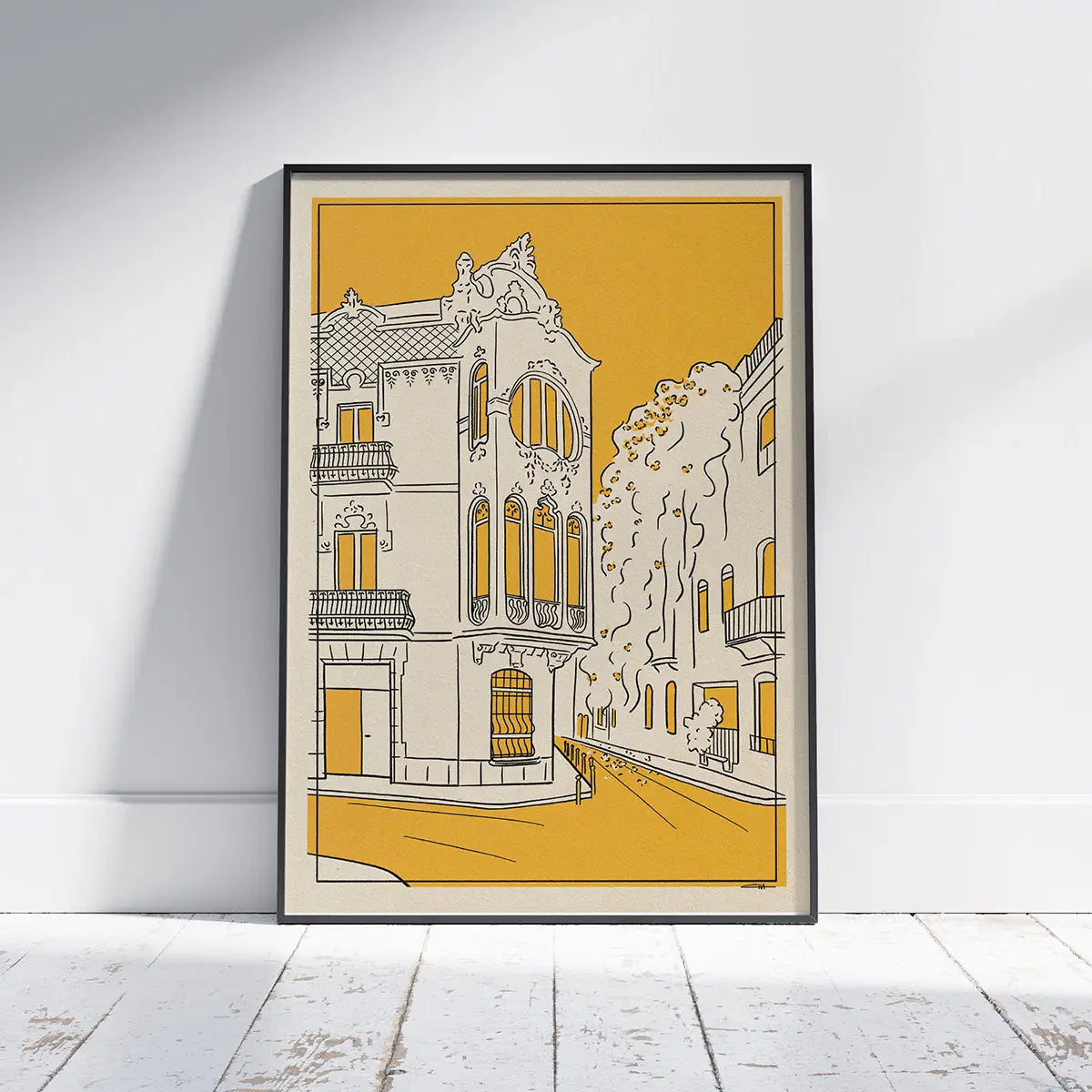 Sitges Cuba Street poster featuring a Catalan modernist building on Carrer de l’Illa de Cuba in minimalist City Lines style by Cha limited edition print