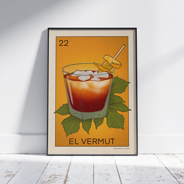 El Vermut Lotería poster by Cha, a vermouth-themed art print inspired by Mexican Lotería, featuring a chilled glass of vermouth with citrus and olive garnish.