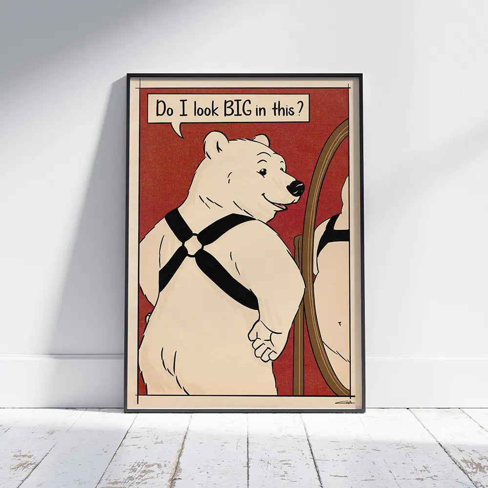 Framed “Big Bear” pop art poster by Cha leaning against the wall, comic-style wall art featuring a harness-wearing bear in front of a mirror