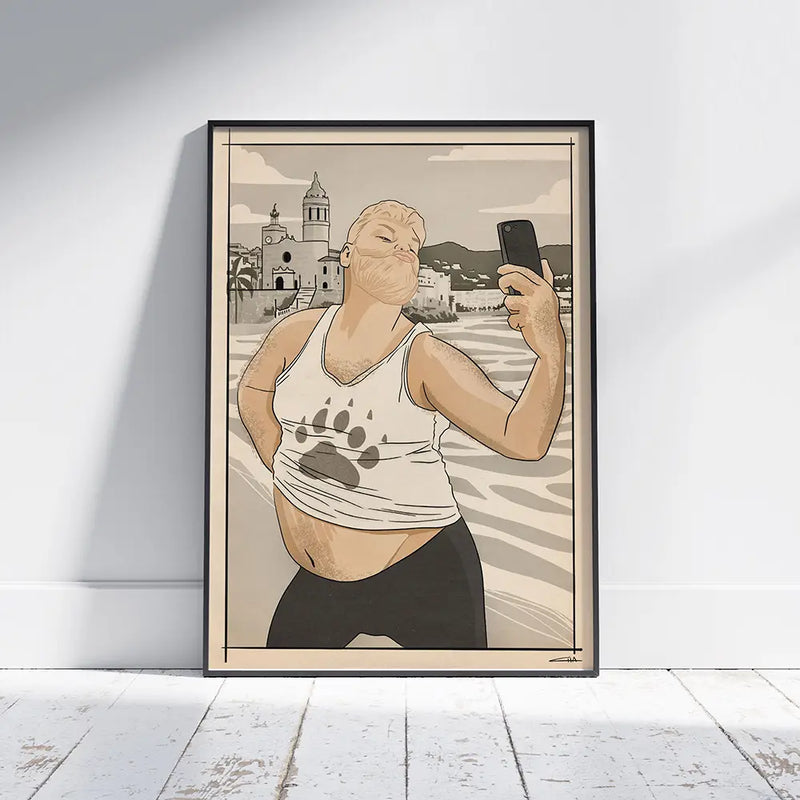 Framed “Selfie” poster by Cha featuring a bold comic-style illustration of a man taking a shirt-lifting selfie at the beach in Sitges
