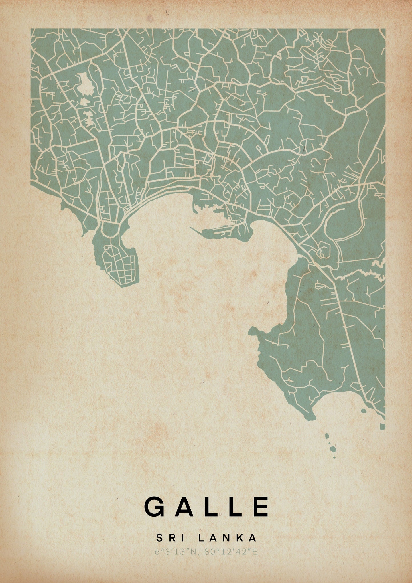 Galle Retro Map Art Print of Sri Lanka by Cha, The Wanderer Maps™, limited edition monochrome