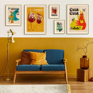 Banner for the 'Spanish Capsule' collection by Cha, featuring Limited Edition Posters with a '60s and '70s vintage-inspired, minimal retro pop art design, highlighting Spanish delicacies and cocktails in vibrant colors, aimed at adding an elegant Spanish touch to interiors