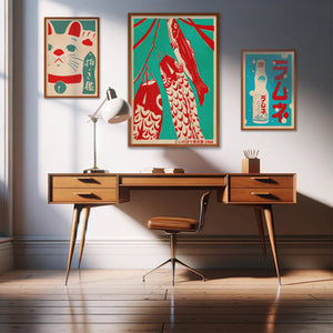 Vintage Exotics Collection by Cha: Asian-Inspired Retro Poster Art, Blending Japanese Folklore and Mass Culture in a Vibrant Pop Art Style